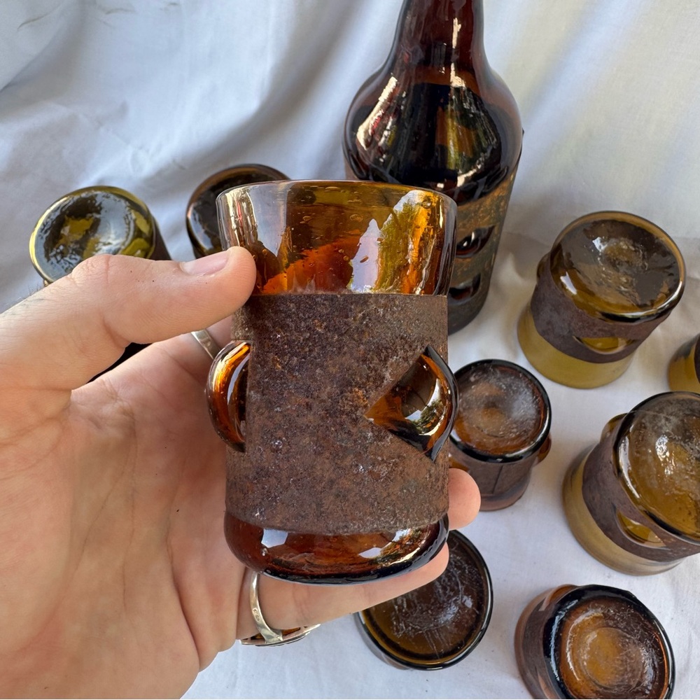 VINTAGE BRUTALIST FELIPE DERFLINGHER IMPRISONED GLASS DECANTER & GLASSES 12PCSET - Picture 10 of 13